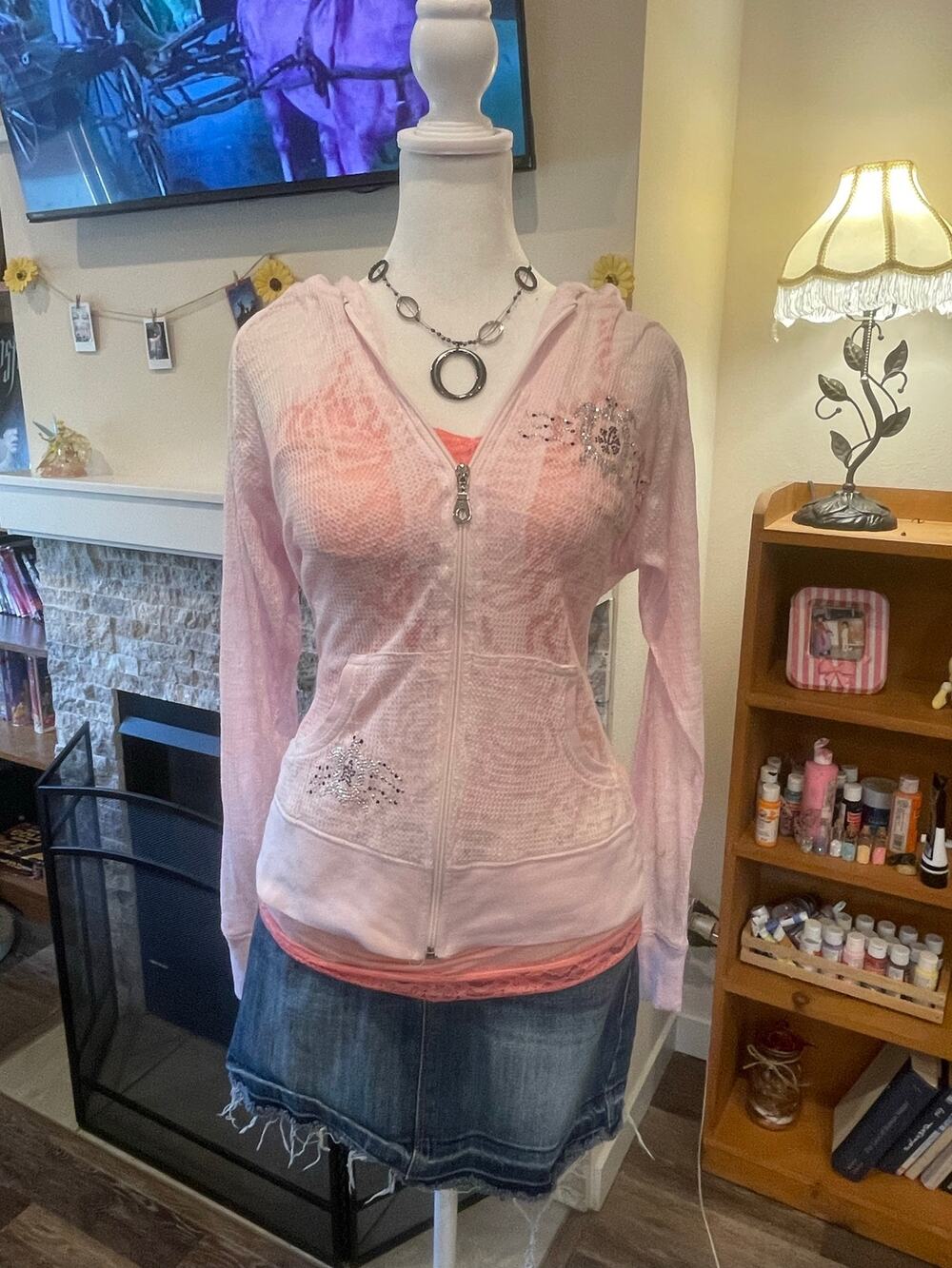 light pink  maui rhinestoned zip up hoodie